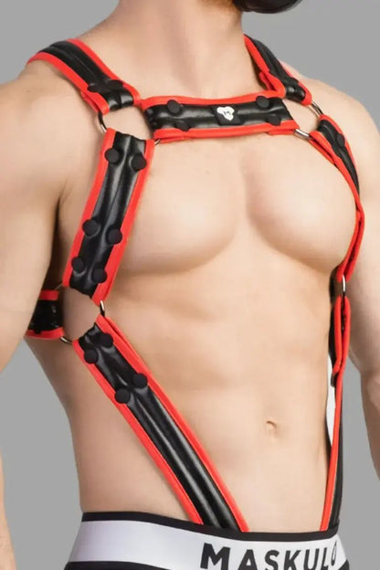 Maskulo Armored Next Body Harness in black and red, featuring a durable polyester/polyurethane blend, bulldog style with adjustable snaps.