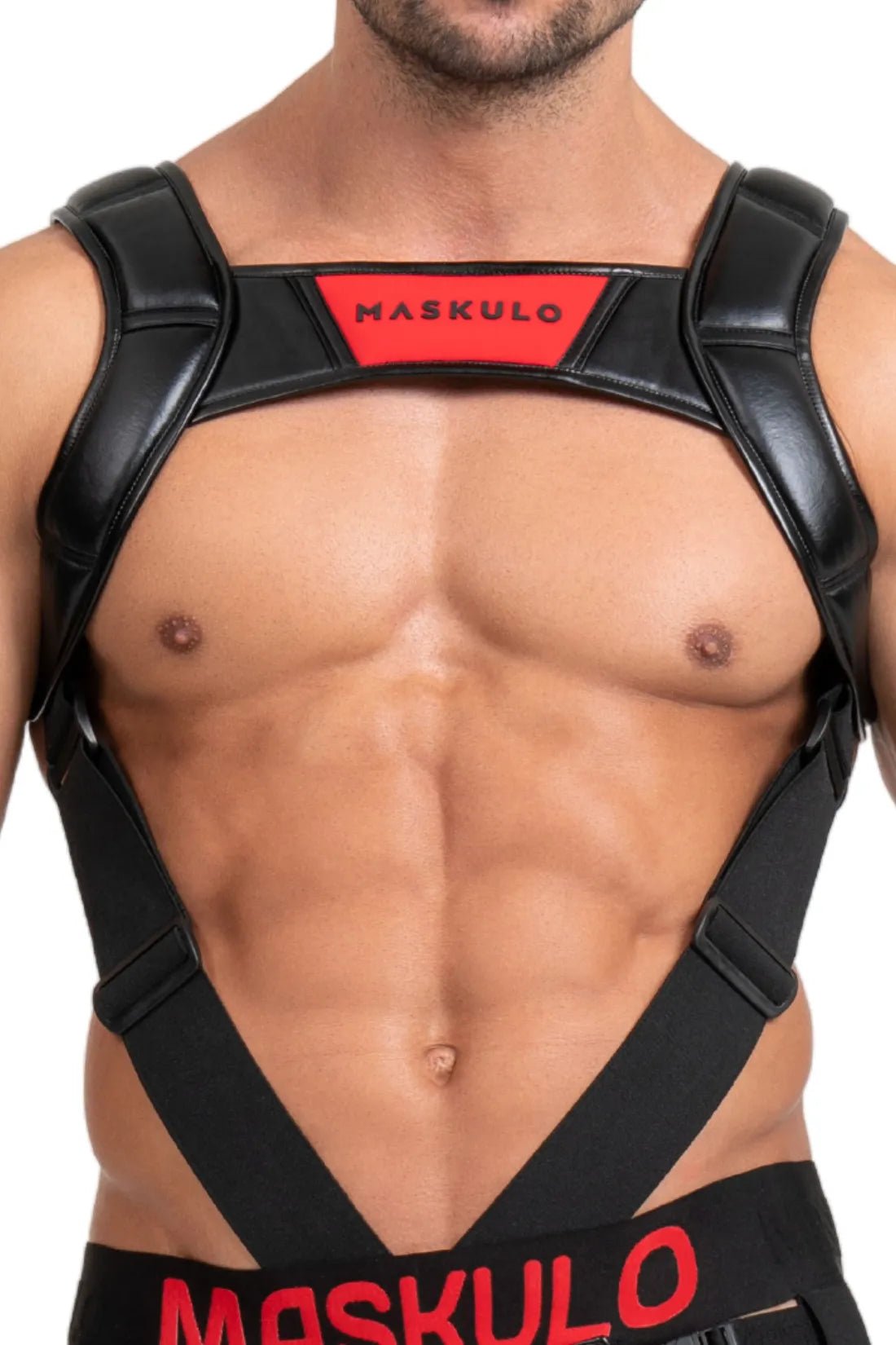 Maskulo Body Harness with Push-Up Effect in Black and Red. High-quality accessory for an enhanced look from Maskulo Global (EU) online Store.