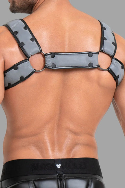 Body Harness with Push-Up Effect in black/grey reflective light, size XL. Maskulo accessory for adults, 360g, new condition.