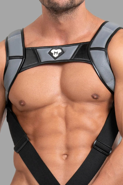 Maskulo Black &amp; Grey Reflective Light Body Harness. Push-up effect, adjustable size, PU leather piping, and UV-glowing elements.