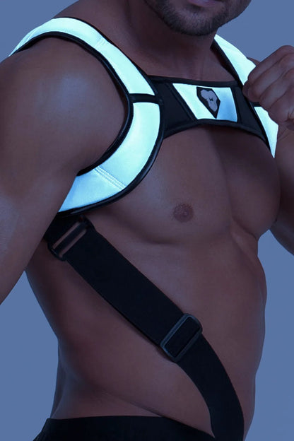 Maskulo Black &amp; Grey Reflective Light Body Harness. Push-up effect, adjustable size, PU leather piping, and UV-glowing elements.