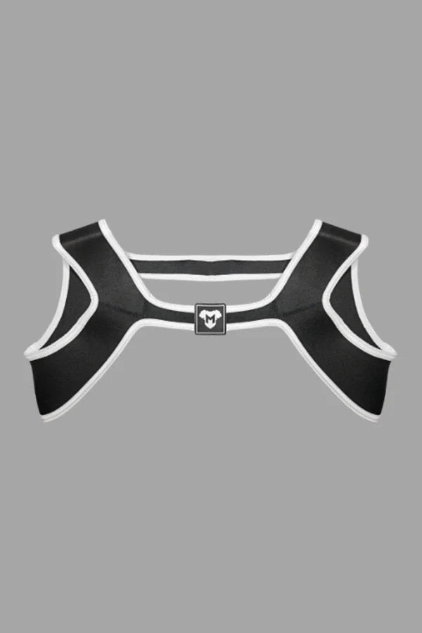 Maskulo Zale Aquatorr black and white neoprene chest harness for men. Durable diving suit material accessory with 3D PVC patch.