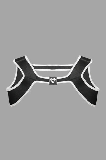 Maskulo Zale Aquatorr black and white neoprene chest harness for men. Durable diving suit material accessory with 3D PVC patch.