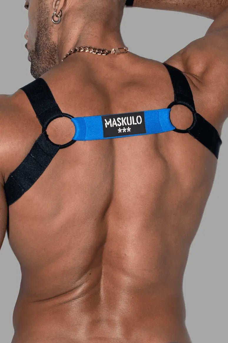 Maskulo Goran Tropix elastic bulldog harness in blue and black, made from 100% nylon. Sturdy, stretchy, and perfect for social events.