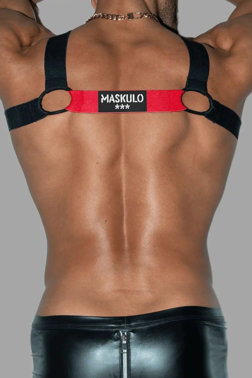 Maskulo Blake Tropix Elastic Bulldog Harness in Red for men. MHR212.