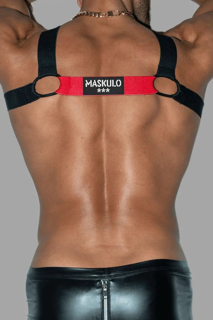 Maskulo Blake Tropix Elastic Bulldog Harness in Red for men. MHR212.