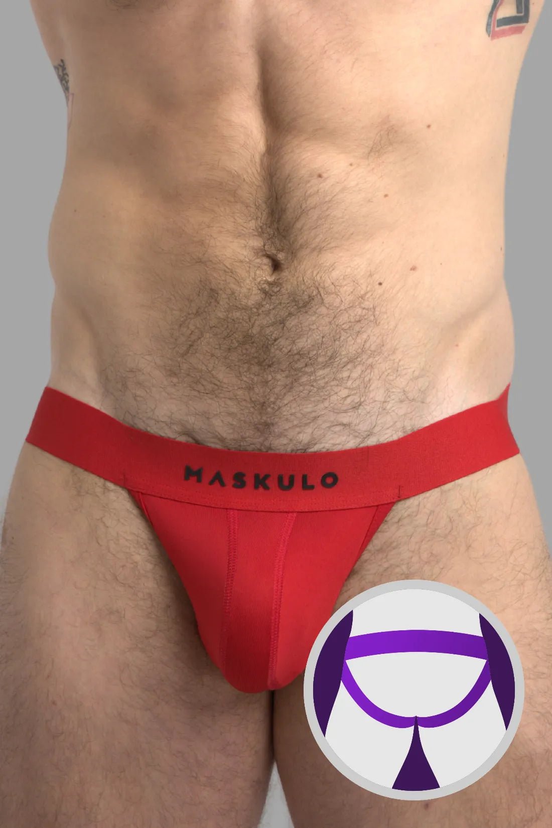 Maskulo Microfiber Jockstrap in Red. Polyester/elastane blend, push-up effect, soft breathable mesh, and PVC 3D branding.