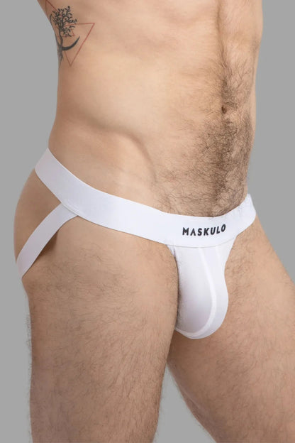 Microfiber jockstrap in white for men from Maskulo, featuring a comfortable fit and microfiber material.