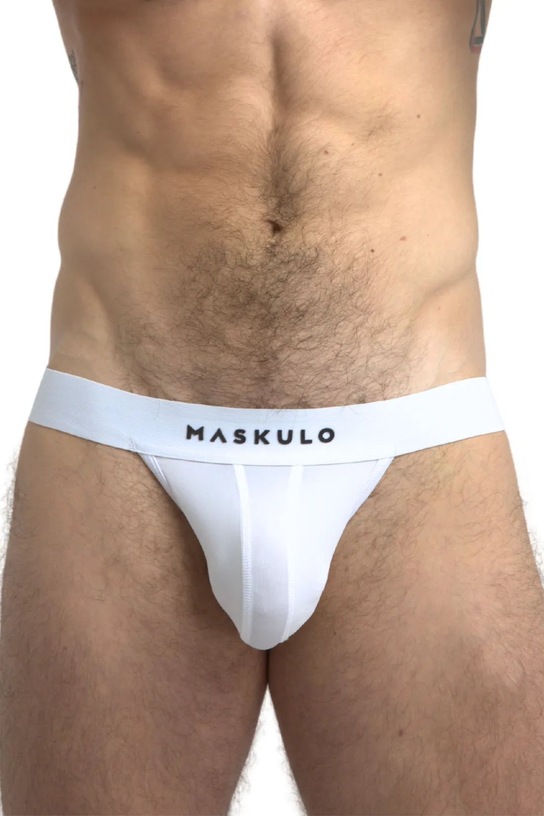 Maskulo White Microfiber Jockstrap. Everyday Underwear for men with push-up effect, breathable mesh, polyester/elastane blend.