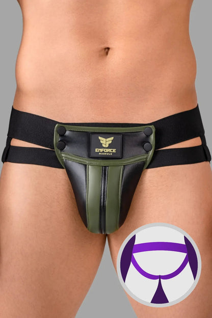 Maskulo Falcon Enforce Pouch Jockstrap in Black/Green, polyester/polyurethane blend, featuring a waist-high detachable pouch, men&