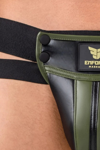 Maskulo Falcon Enforce Pouch Jockstrap in Black/Green, polyester/polyurethane blend, featuring a waist-high detachable pouch, men&