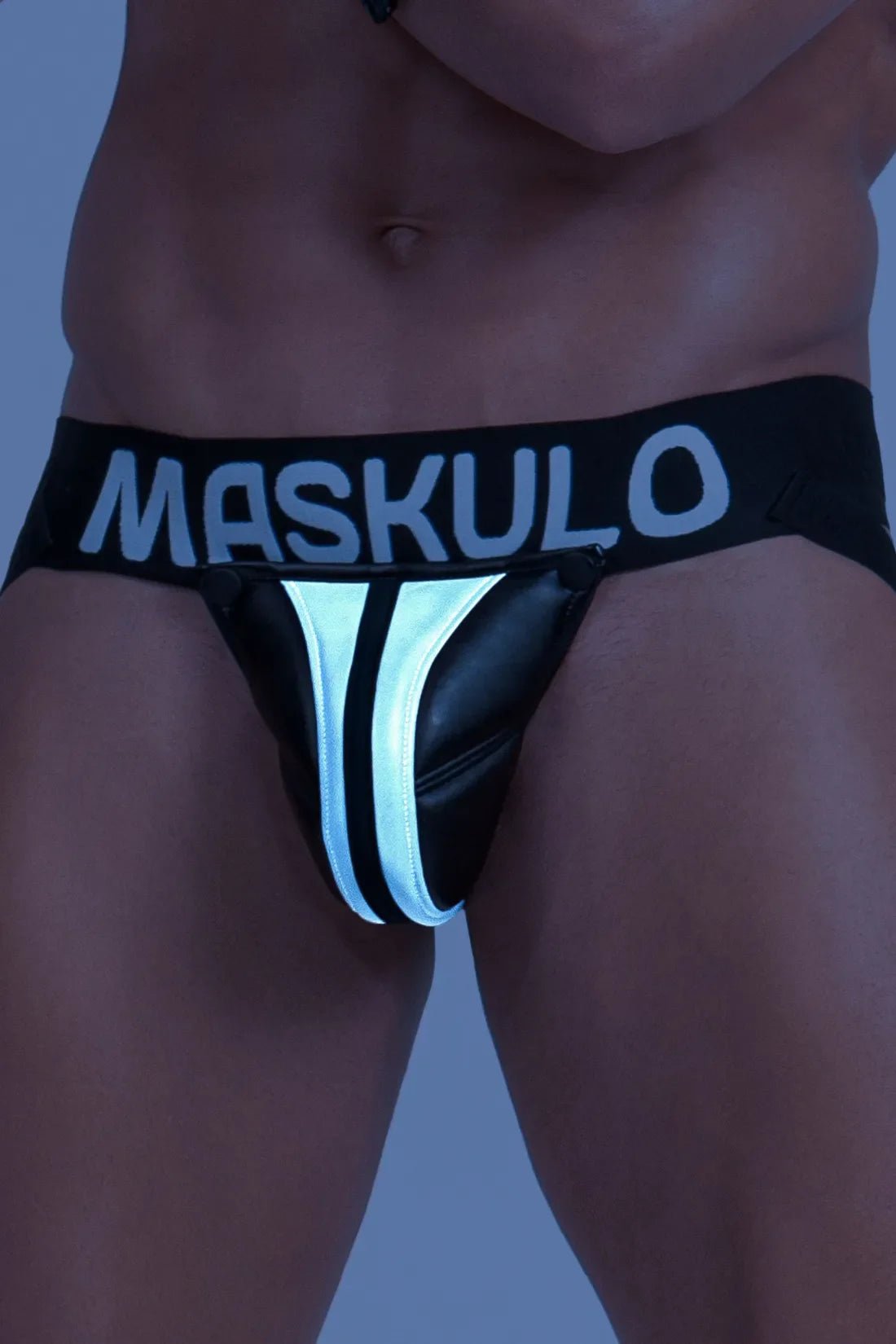 Black and grey reflective light jockstrap for men, featuring a big bulge pouch. Maskulo Global (EU) undergarment.