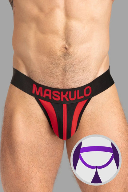 Maskulo TIGER Jockstrap, black &amp; red, 100% cotton everyday underwear with POUCH-SNAP for adjustable bulge size. Global store.