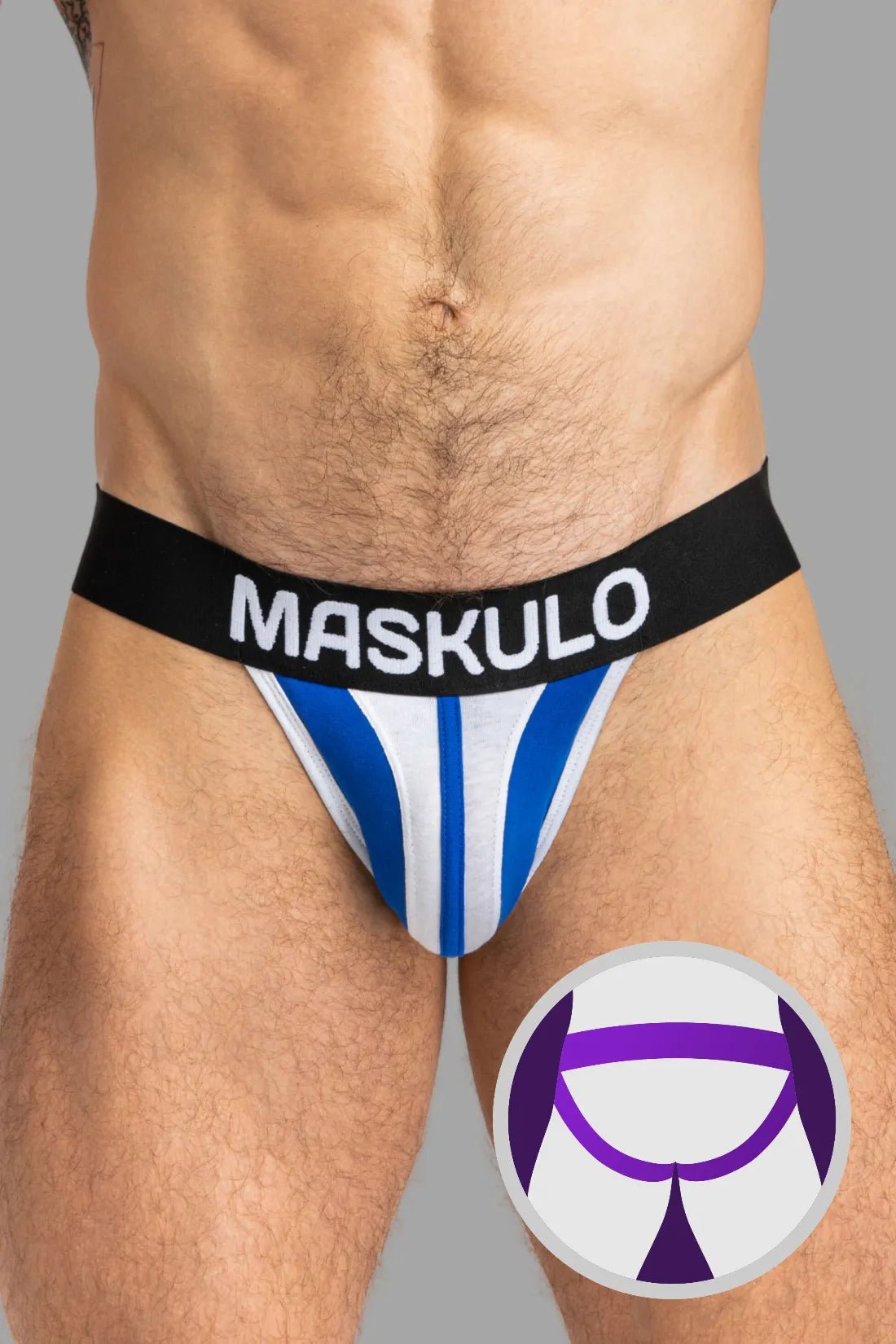 Maskulo TIGER Jockstrap, white and blue 100% cotton everyday underwear with POUCH-SNAP technology for adjustable bulge size. Global store.