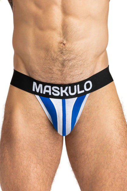 Maskulo Tiger Jockstrap with Pouch Snap in White and Blue. Men&