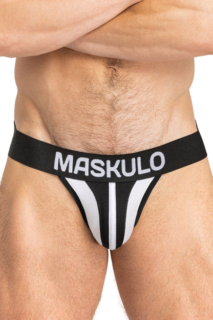 Maskulo TIGER Jockstrap, white &amp; black, 100% cotton everyday underwear with POUCH-SNAP for customizable bulge size. Global store.