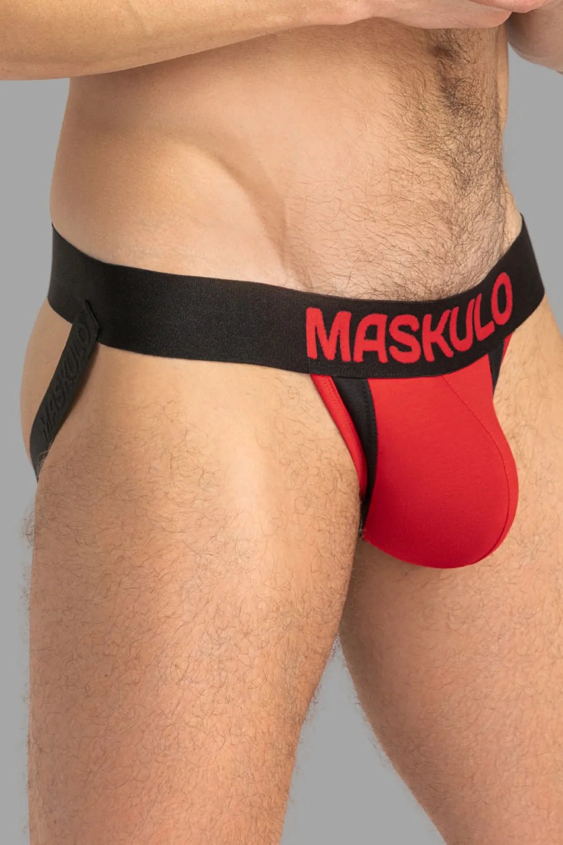 Maskulo Captain-A Red &amp; Black Jockstrap with O-Inside-POUCH technology. 100% cotton everyday underwear, open back.