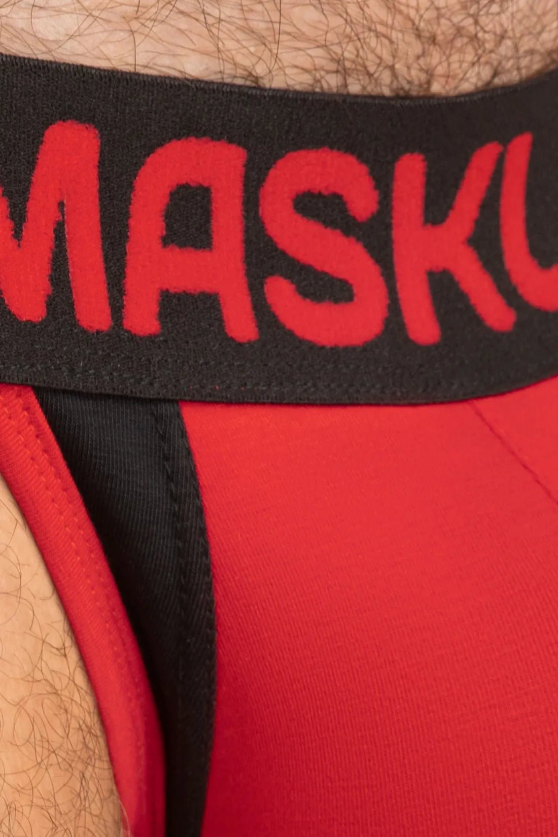 Captain A Jock O Inside Pouch in red and black, a comfortable and stylish jockstrap for men from Maskulo Global (EU).