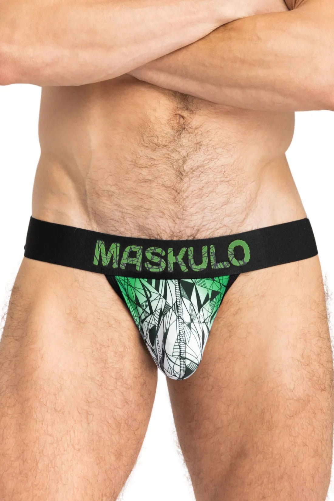 Armor Jock with Art-X Effect by Maskulo in black and green. High-quality underwear accessory for men. Comfortable and stylish.