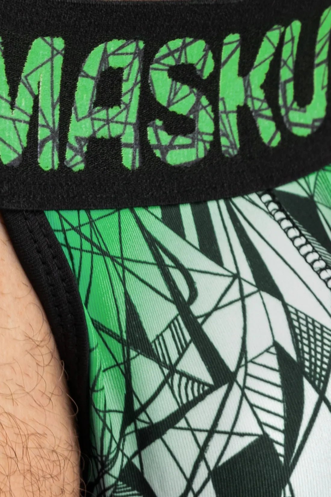 Maskulo Armor Jock with Art X Effect, black and green, size L. Durable, comfortable athletic support for men. SKU: MJS157-Y3.