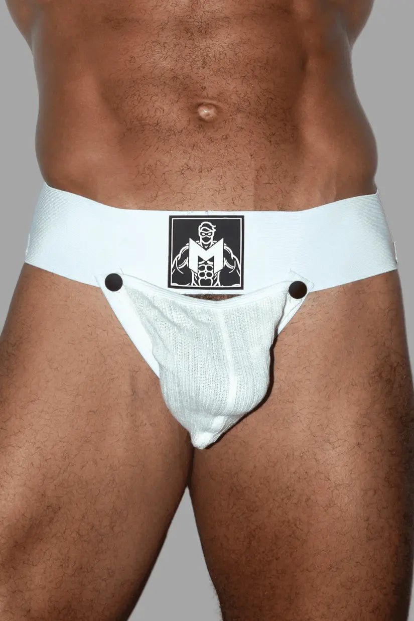 Maskulo Eugene Cyclone white jockstrap with removable mesh pouch on snap buttons. Rough design, wide waistband, polyester/cotton/Spandex.