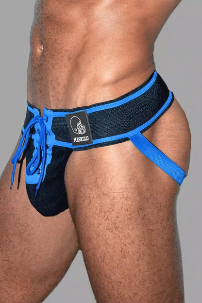Maskulo Liam Gridd-Iron American Football Jockstrap in Black &amp; Royal Blue. Mesh pouch, lacing design, wide waist band (MJS191).