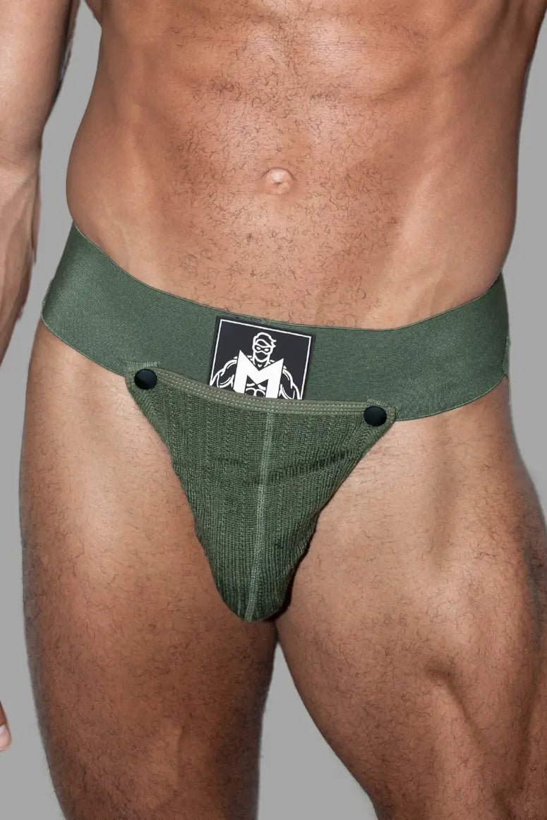 Maskulo Gary Cyclone army green jockstrap with rough design, soft mesh removable pouch on snap buttons, and wide 7.5cm waistband.