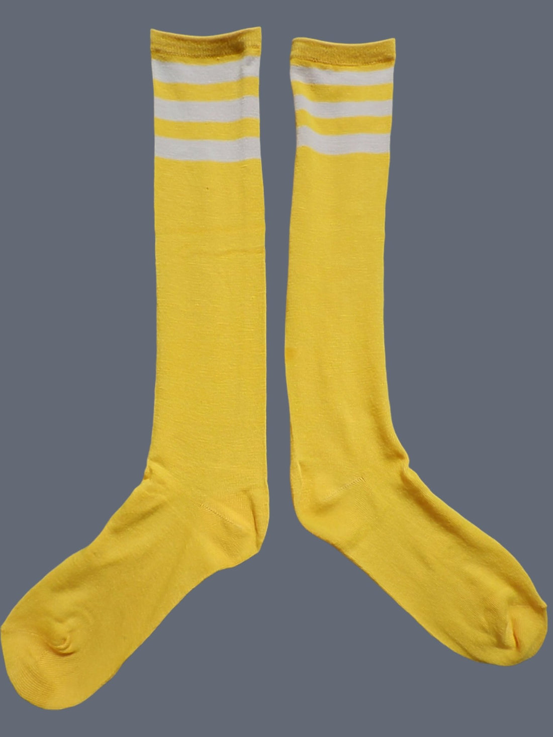 Maskulo Long Socks: Yellow/White striped sports socks (Polyester/Cotton blend, stretchy, 45cm length). One size fits most accessory.