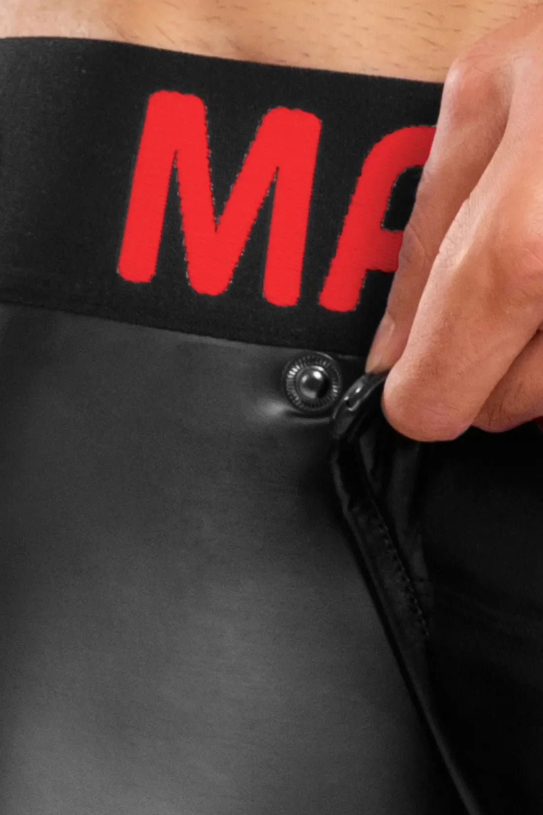 Maskulo Basic Shorts with Pads, Zipped Rear (Black/Red). Image shows product detail/texture. Available in various sizes.