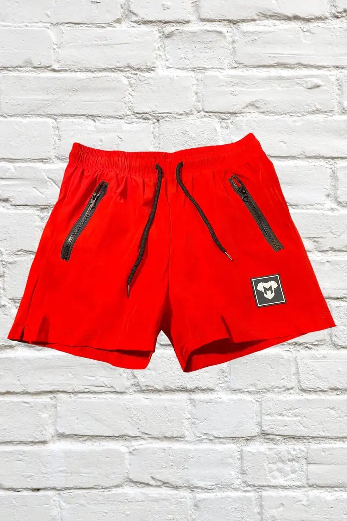 Maskulo double soft nylon red shorts (MSH249-Y4) with zip pockets for men, available in XL. Comfortable and durable gym wear.