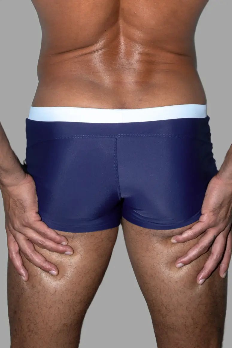 Maskulo Evan Chase Club Shorts, Blue/White swim brief with pocket, adjustable drawstring, enhancement pouch, 80% Polyamide, 20% Spandex.