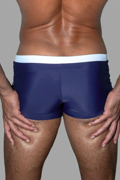 Maskulo Evan Chase Club Shorts, Blue/White swim brief with pocket, adjustable drawstring, enhancement pouch, 80% Polyamide, 20% Spandex.