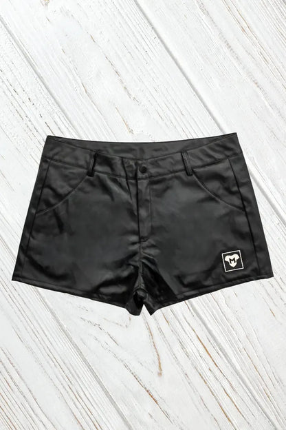 Maskulo Kane black PU leather shorts &quot;Jeans Style.&quot; Thicker, durable faux-leather material, regular pockets. SKU MSH267.