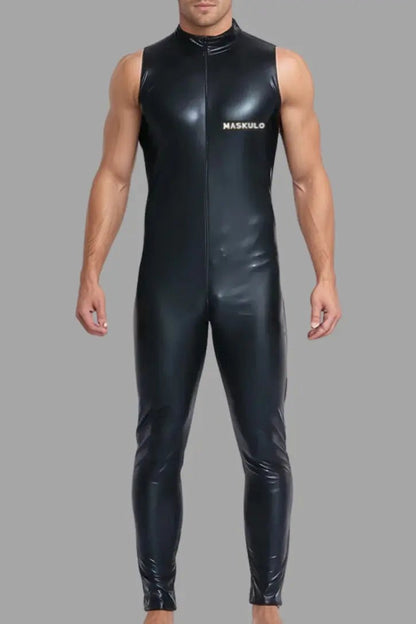 Black PU leather &quot;Ryan Ironbod&quot; sleeveless full suit in size M from Maskulo, price 99. SKU: MST102-Y2. Ideal for adults.