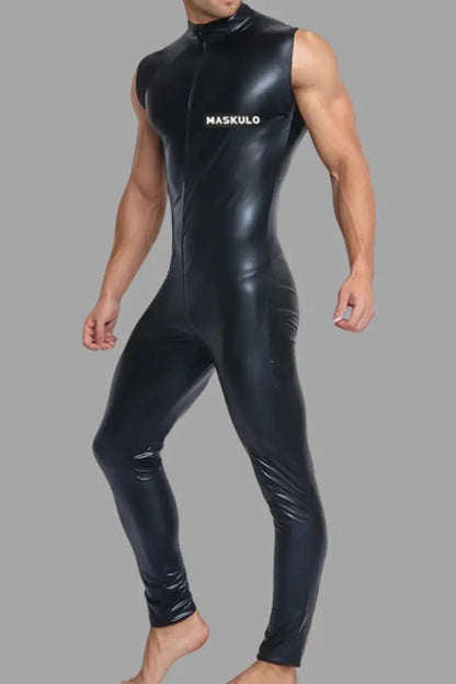 Black wet look PU leather sleeveless full suit by Maskulo. Features a smooth, thin design with 2-sided zippers for open front and rear, bodysuit, Singlet.