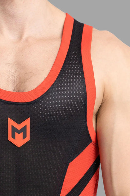 Maskulo Skulla Mesh Tank Top in Black and Red, 100% polyester soft mesh fabric, breathable, contrastive sides, and PVC &