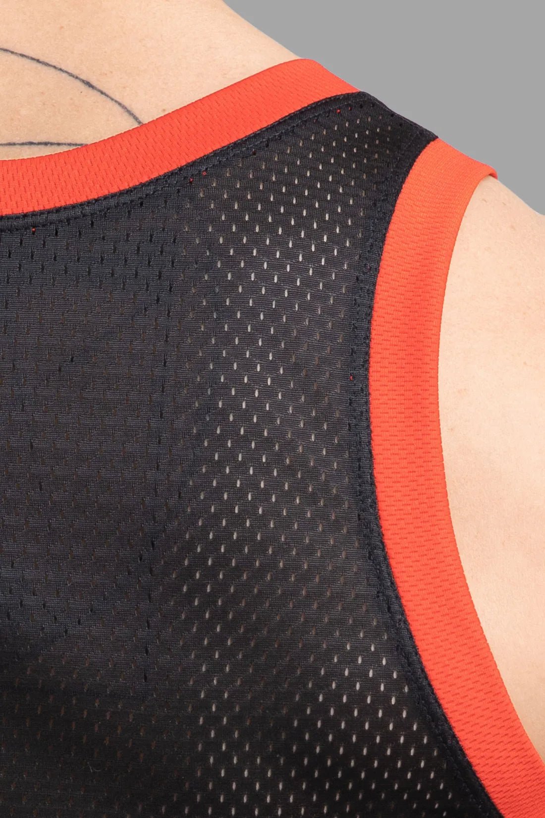 Maskulo Skulla Mesh Tank Top in Black and Red, 100% polyester soft mesh fabric, breathable, contrastive sides, and PVC &