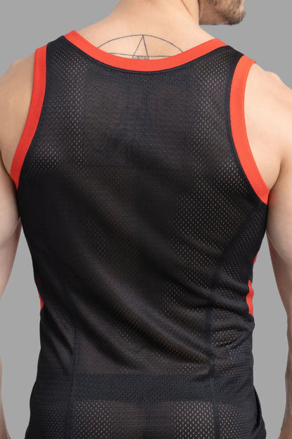 Maskulo Skulla Mesh Tank Top in Black and Red, 100% polyester soft mesh fabric, breathable, contrastive sides, and PVC &