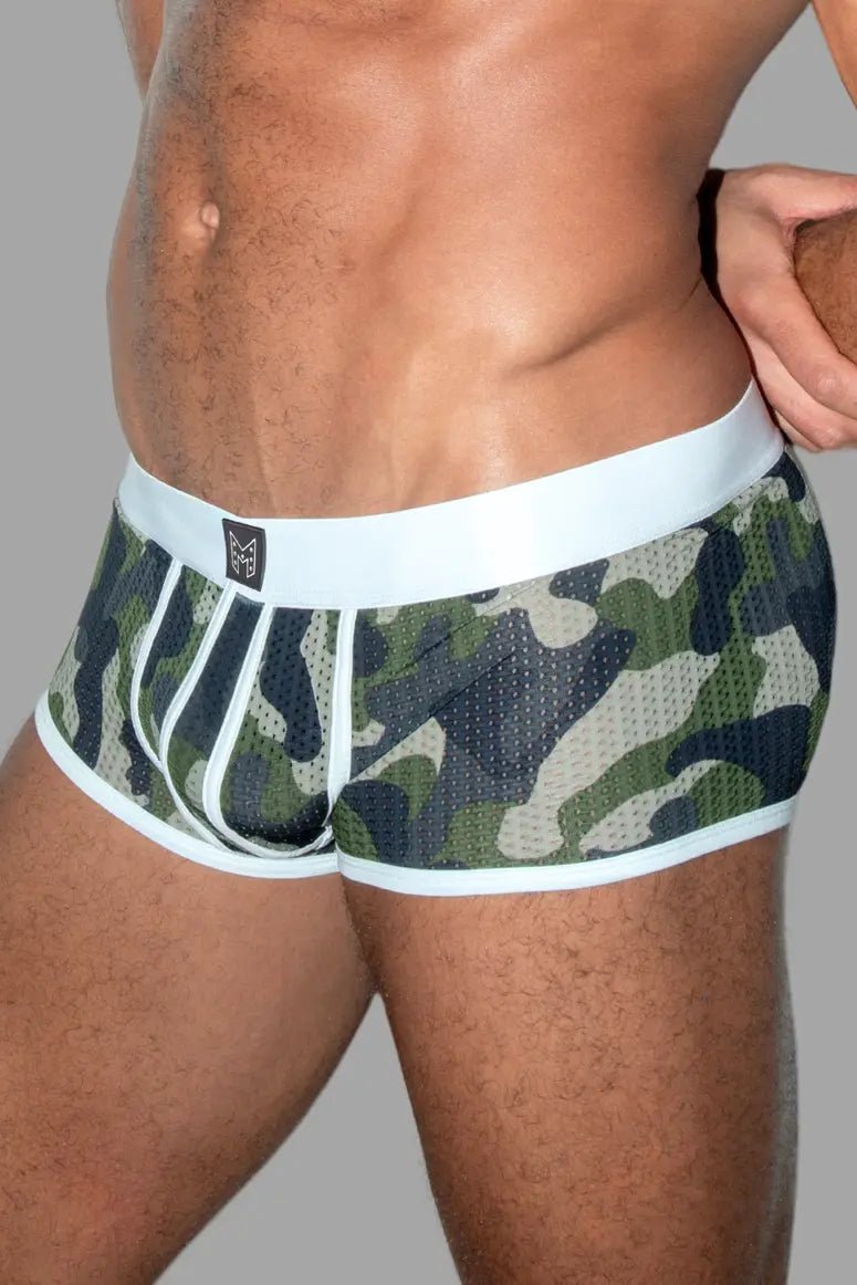 Maskulo Rook Steelguard Mesh Trunks, white camouflage, size L. Durable, comfortable, mesh underwear for men.