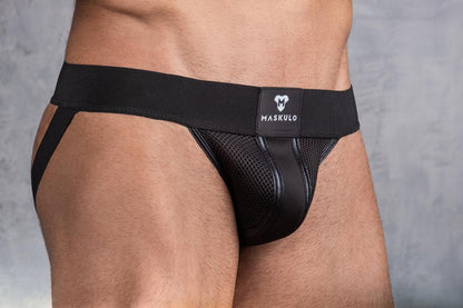 Maskulo Promo Jockstrap in black. Unique, one-size, adjustable jockstrap with Velcro closure. Only available during promotions. MJS103.