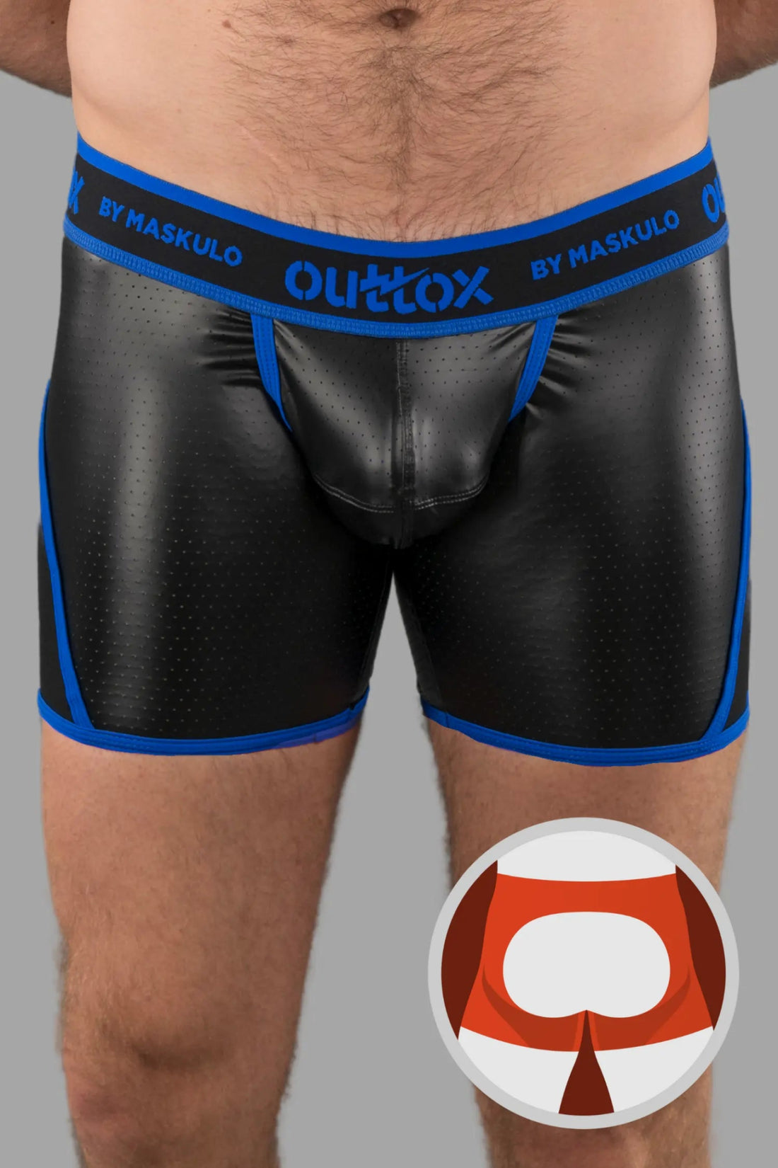 Outtox by Maskulo Open Rear Shorts in black and blue perforated PU eco leather with logo waistband and snap codpiece. XSH119.