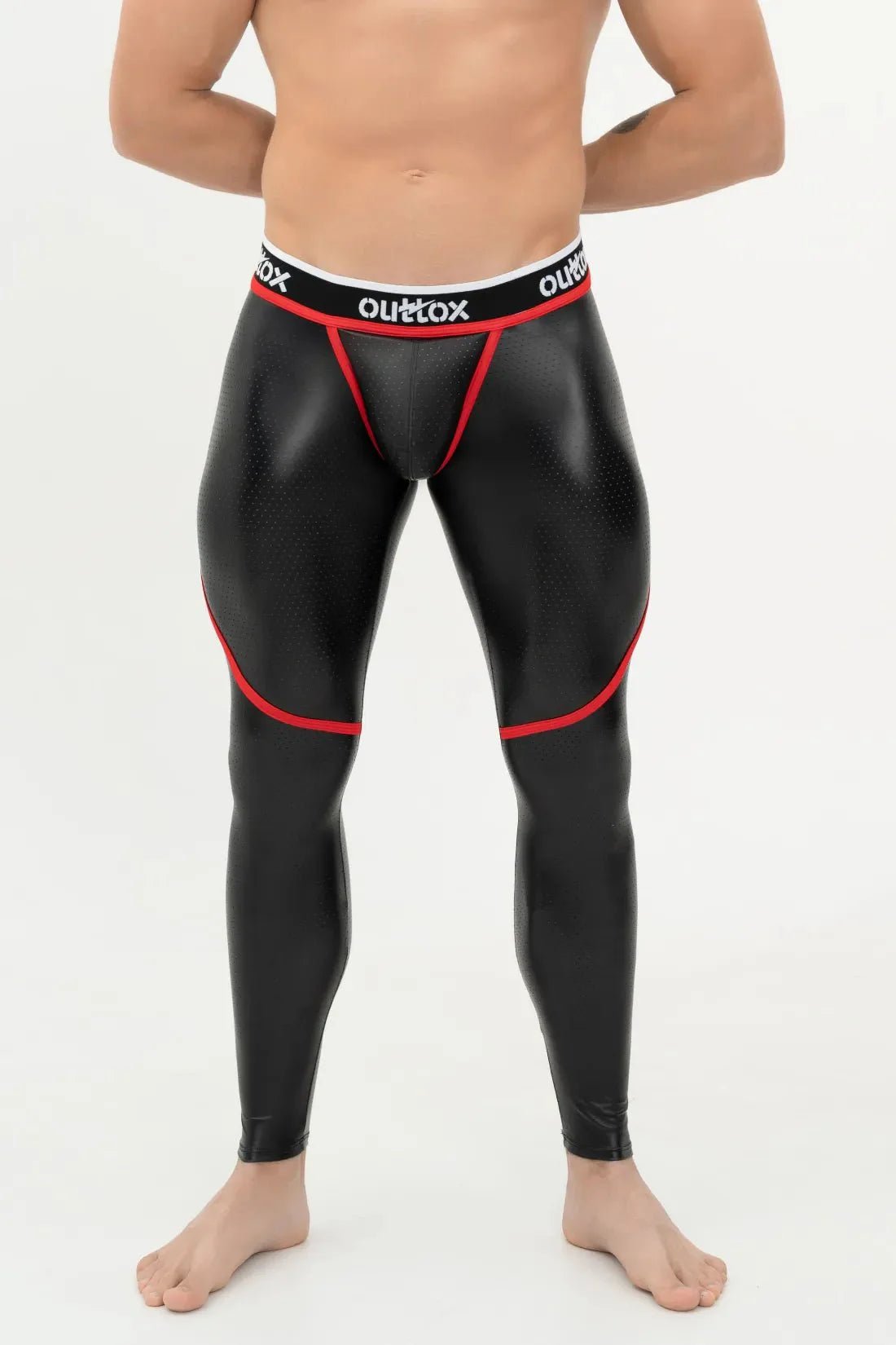 Maskulo Outtox zip rear leggings with snap codpiece in black and orange. Men&