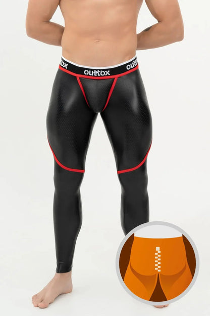Outtox Zip-Rear Leggings Black/Red with Snap Codpiece, offering a leather-like fetish look, compression, and comfortable long tights.