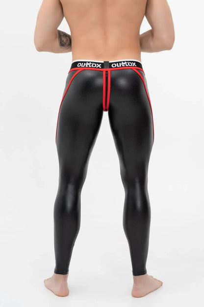 Black and red leggings featuring a zip rear and a snap codpiece, from the Outtox collection by Maskulo Global (EU).