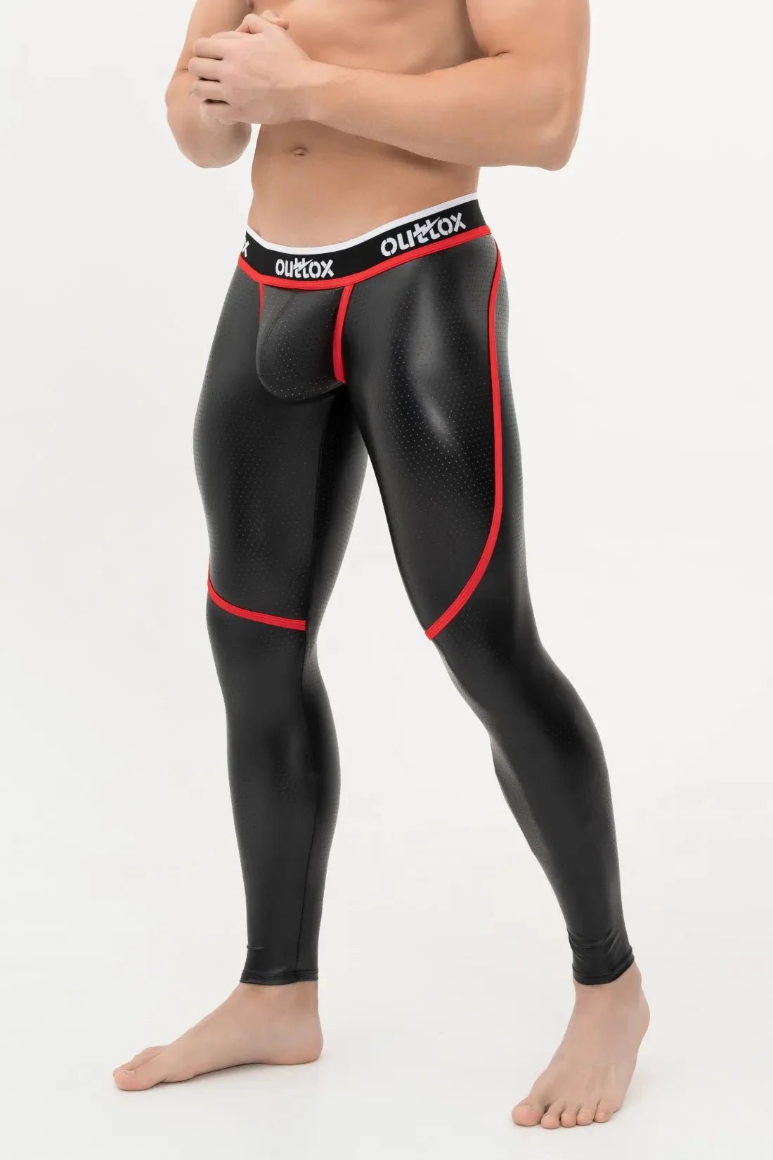 Maskulo Outtox zip rear leggings with snap codpiece in black and red, size M. High-quality men&