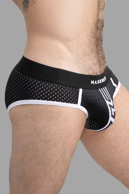 Black and white Printed Mesh Briefs by Maskulo for men. Features mesh pouch, inner push-up lining, silicone logo, polyester/elastane blend.