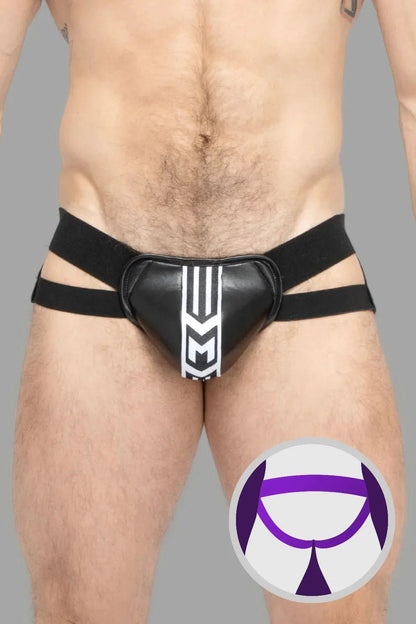 Maskulo Skulla Black+White Jockstrap for men with shell codpiece, ideal for webcam or private dates. Provocative underwear with adjustable straps.