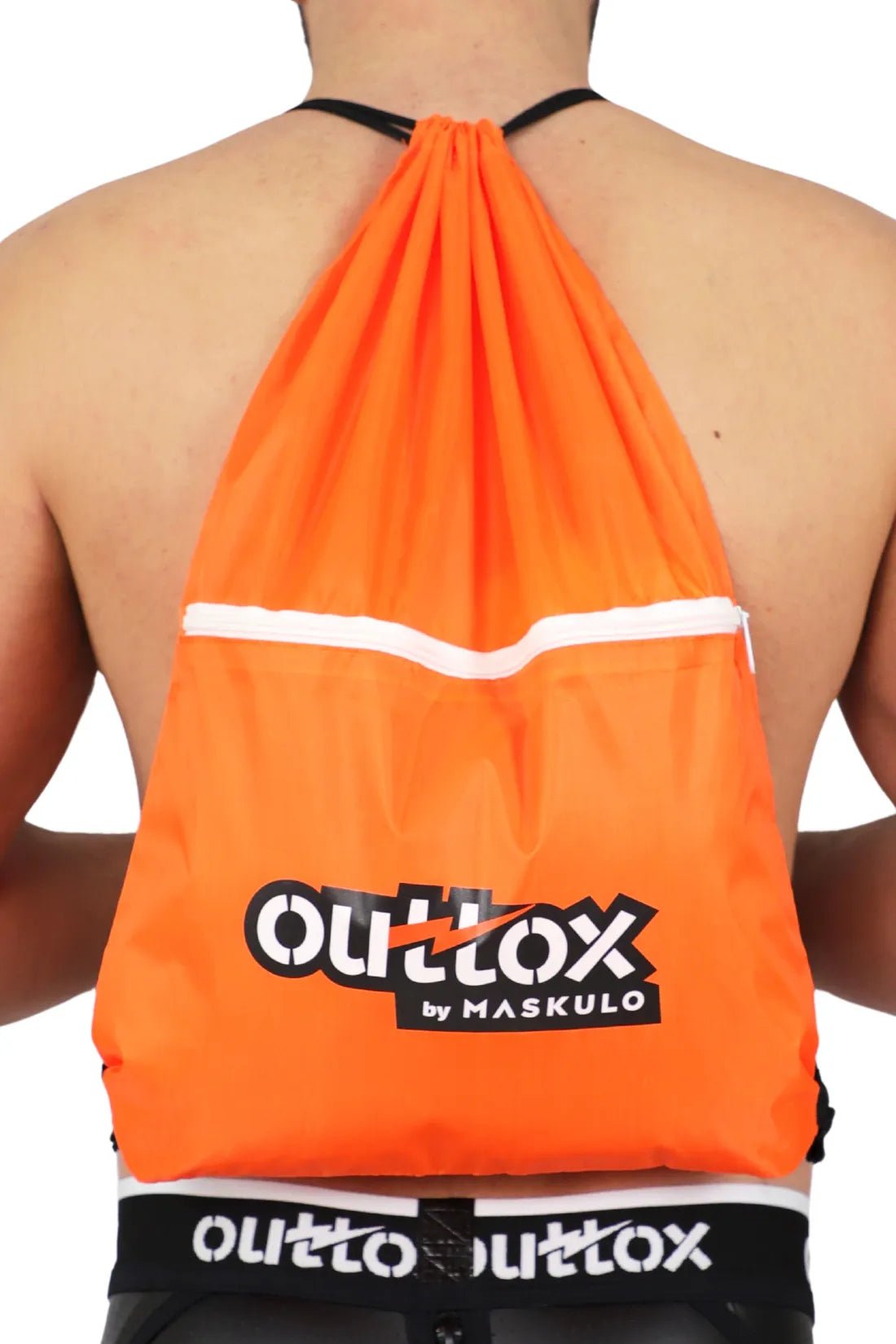 Outtox Drawstring Bag in vibrant orange from Maskulo Global (EU). Durable and functional accessory for carrying essentials.