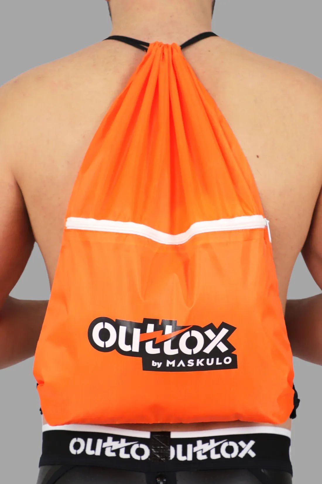 Outtox Orange Drawstring Backpack by Maskulo: Durable 100% polyester bag, 35x48cm, featuring a zipper pocket for everyday use. XBG100.