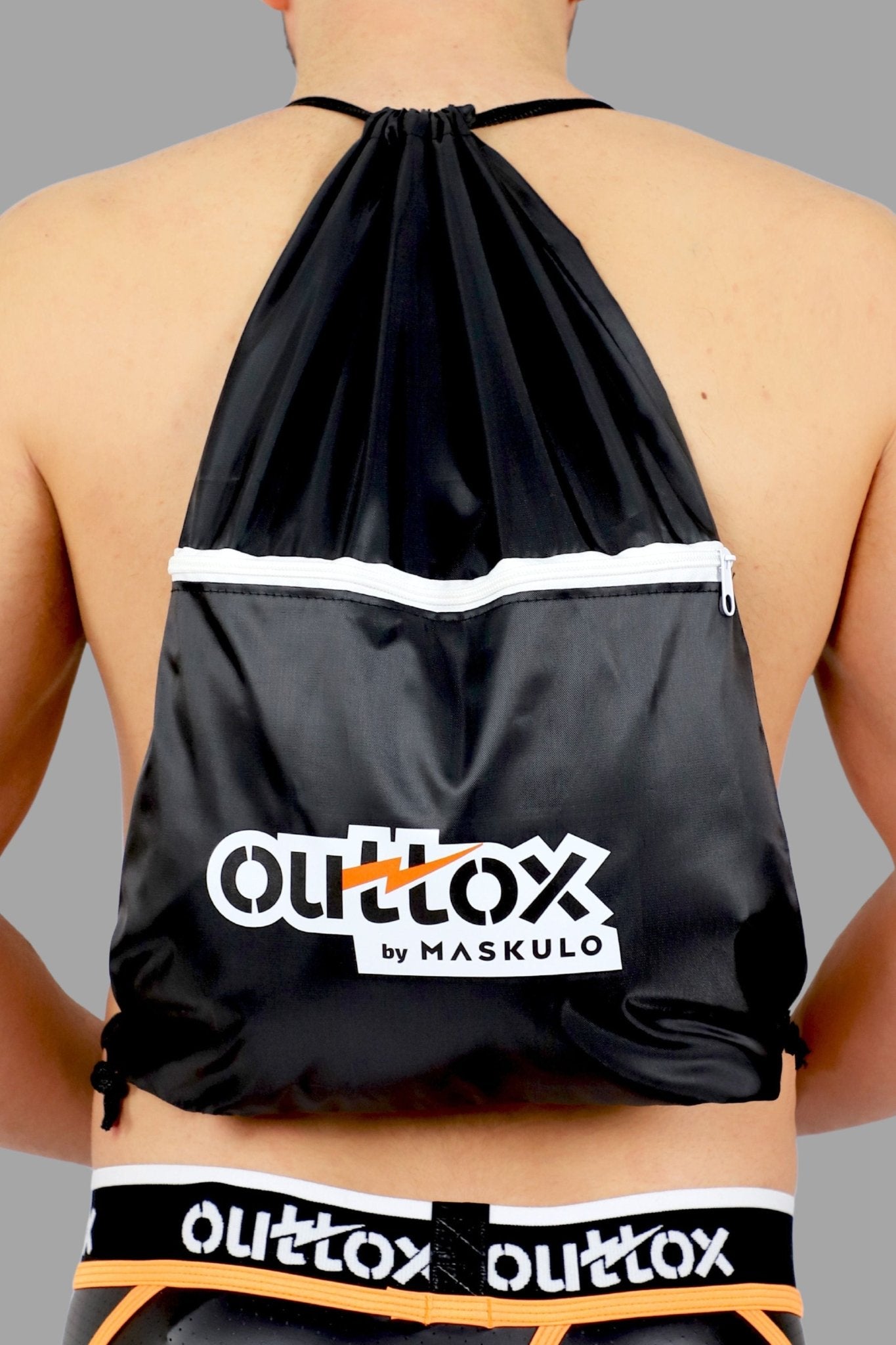 Outtox by Maskulo Black Drawstring Bag: durable 100% polyester backpack, 35x48 cm, with zippered external pocket for travel and daily use.